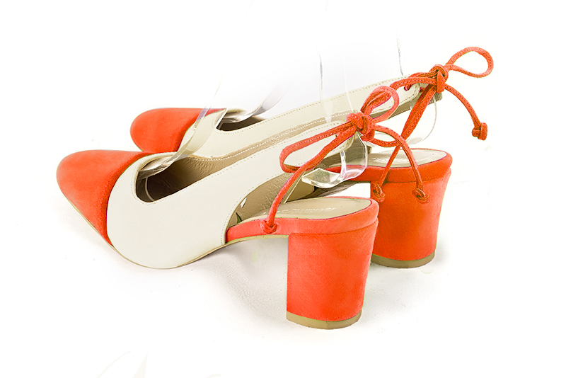 Clementine orange and off white women's slingback shoes. Round toe. Medium block heels. Rear view - Florence KOOIJMAN